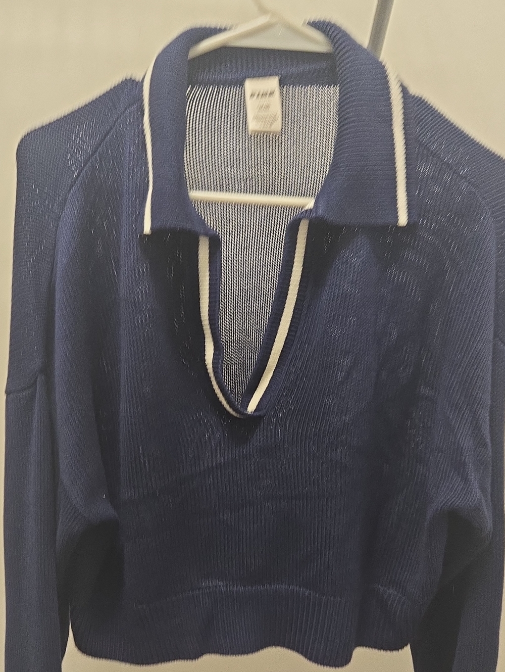 PINK Victoria's Secret Navy V-Neck Polo Sweater with White Trim